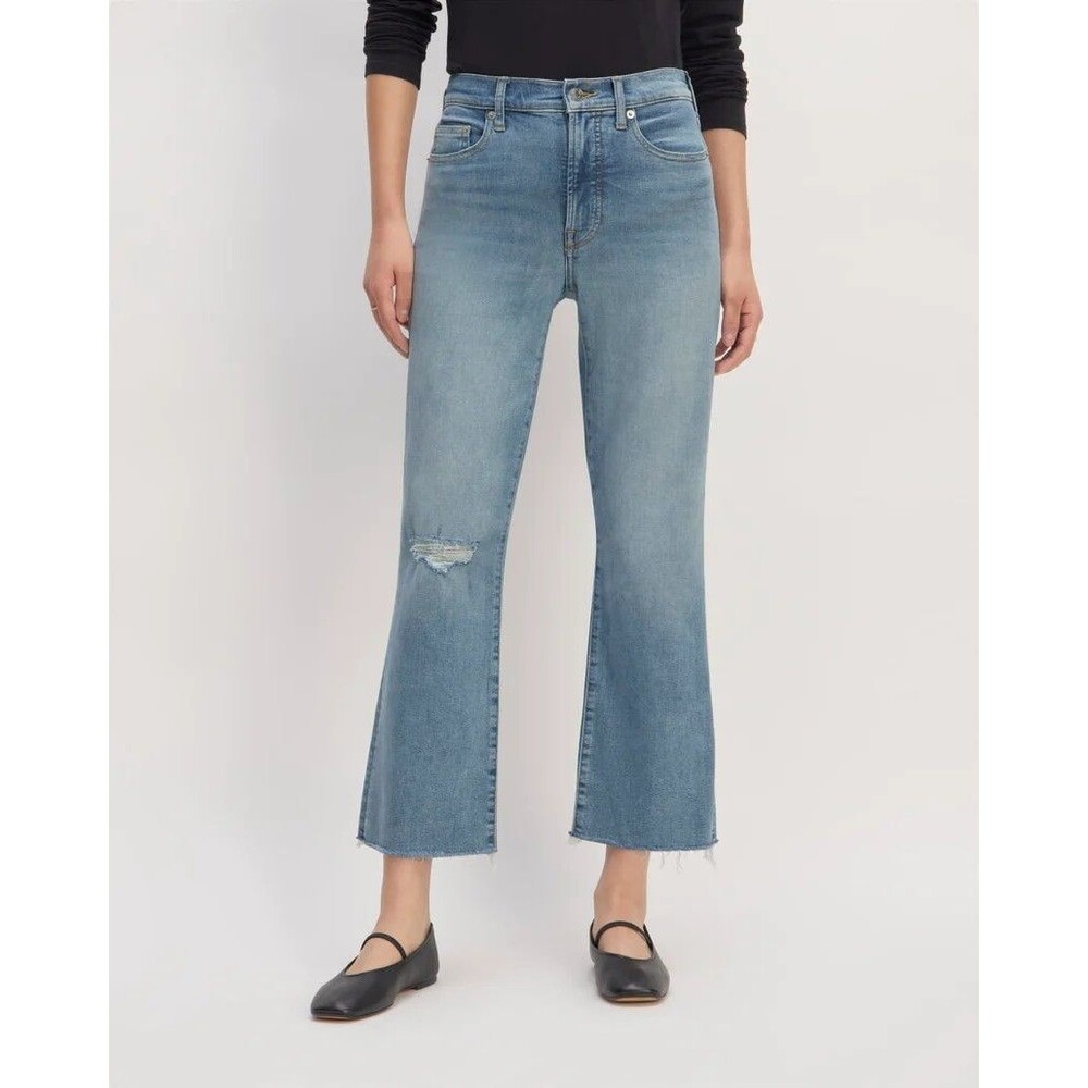 Everlane The Kick Crop Jeans 27R Authentic Stretch Distressed Raw Hem Light Wash